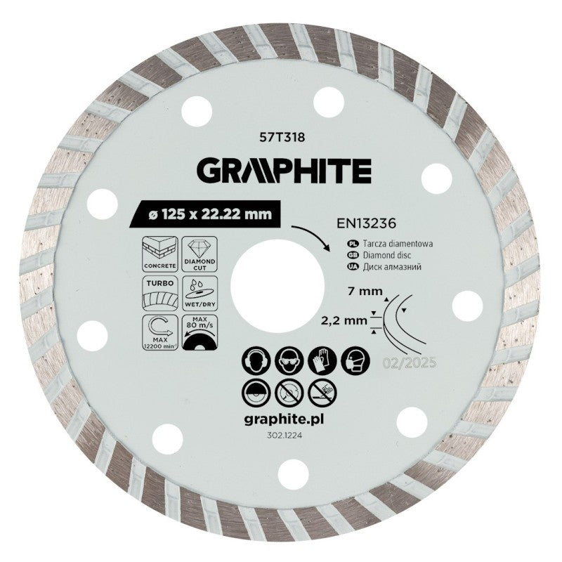 GRAPHITE Turbo cutting diamond disc, 125 x 22.22 mm, dry and wet — 57T318