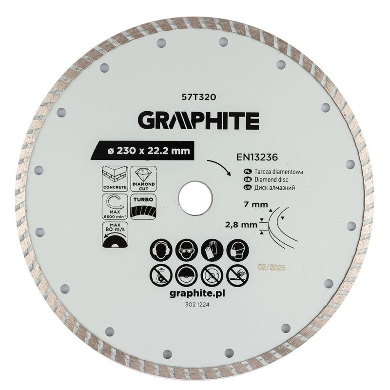 GRAPHITE Turbo cutting diamond disc, 230 x 22.22 mm, dry — 57T320