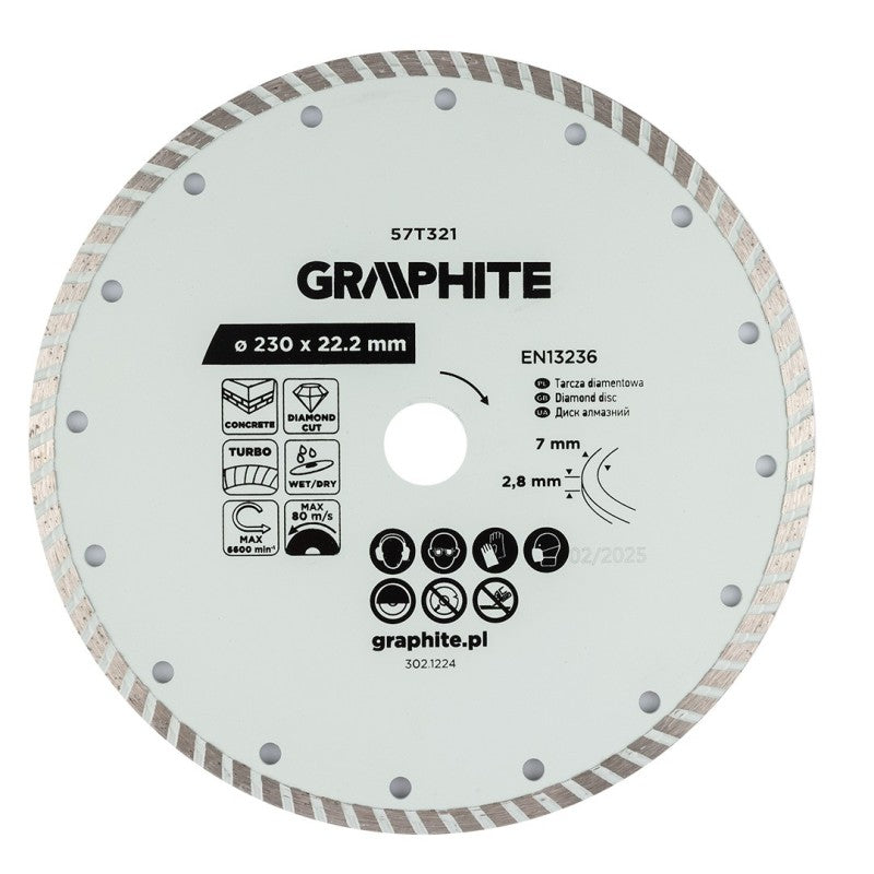 GRAPHITE Turbo cutting diamond disc, 230 x 22.22 mm, dry and wet — 57T321