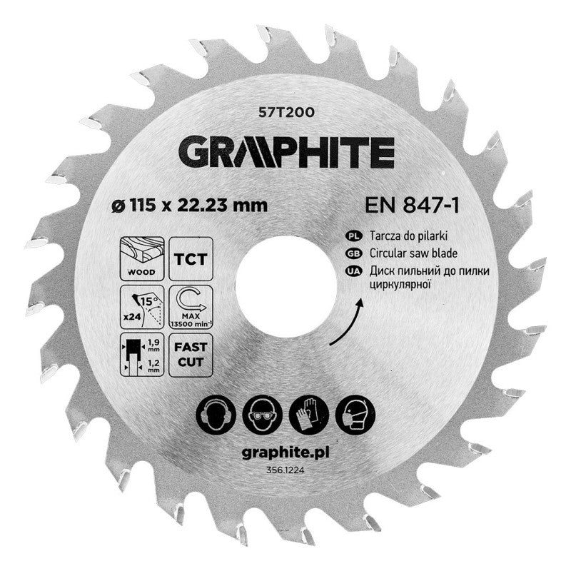 GRAPHITE Circular saw blades with HM tips 115 x 22.23 mm, 24 teeth — 57T200