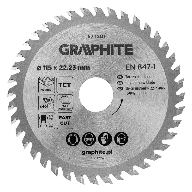 GRAPHITE Circular saw blades with HM tips 115 x 22.23 mm, 40 teeth — 57T201