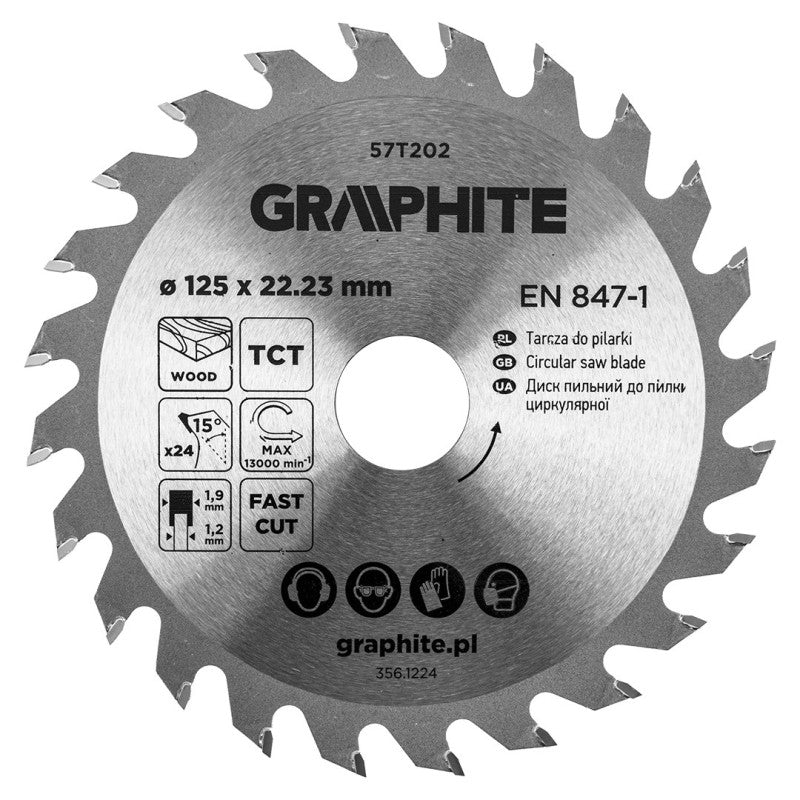 GRAPHITE Circular saw blades with HM tips 125 x 22.23 mm, 24 teeth — 57T202