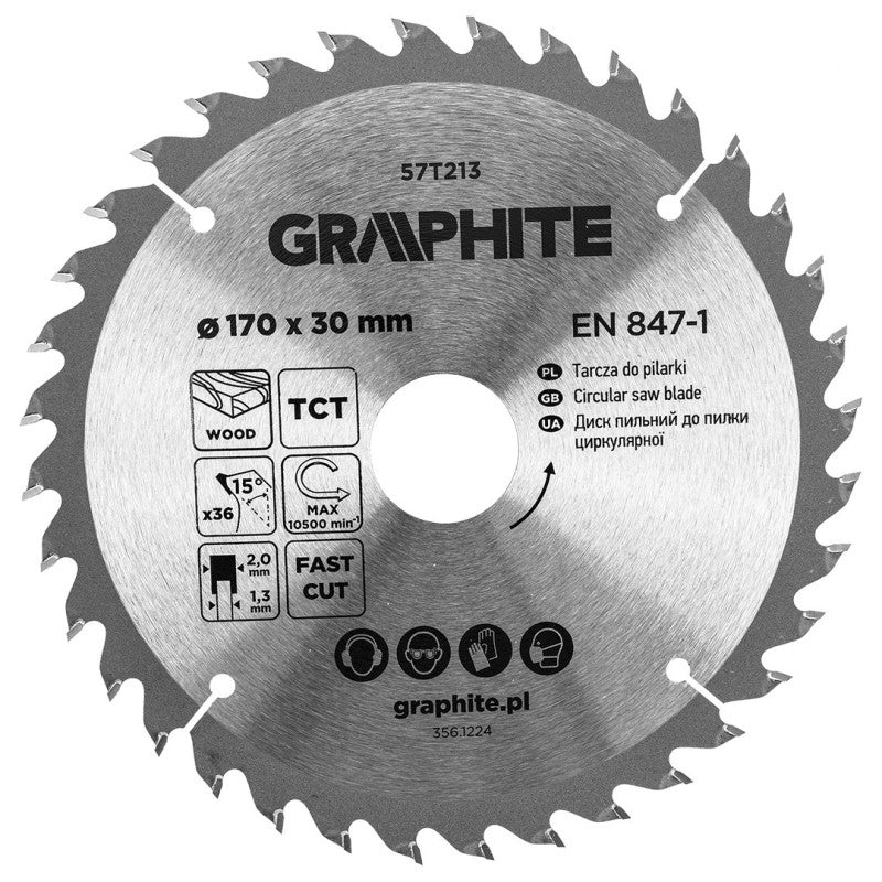 GRAPHITE Circular saw blades with HM tips 170 x 30mm, 36 teeth — 57T213