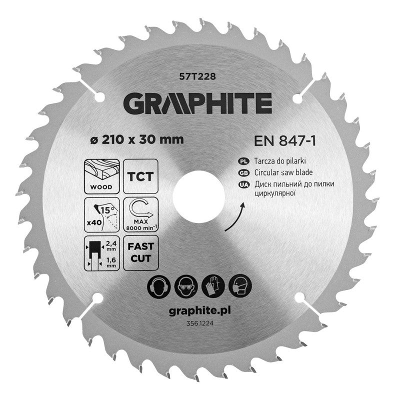 GRAPHITE Saw blade, widia, 210 x 30 mm, 40 teeth — 57T228