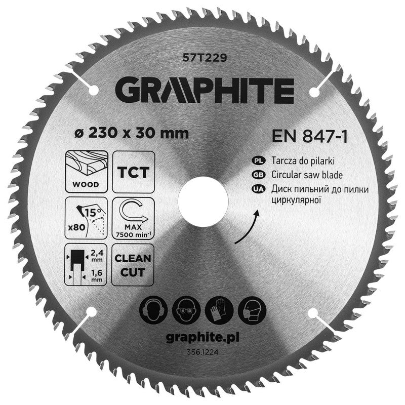 GRAPHITE Circular saw blades with HM tips 230 x 30mm, 80 teeth — 57T229
