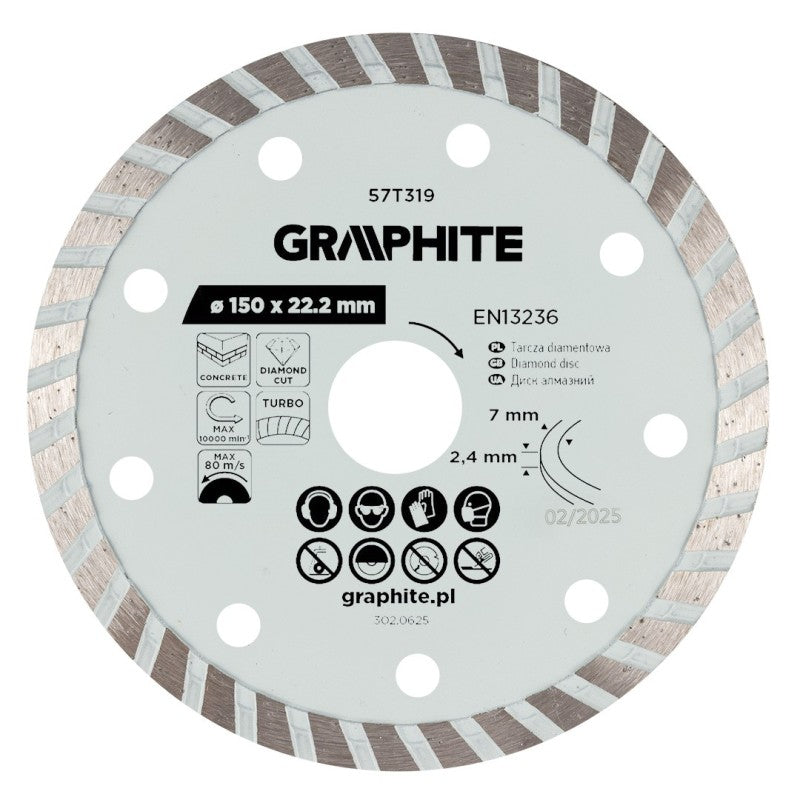 GRAPHITE Turbo cutting diamond disc, 150 x 22.22 mm, dry — 57T319