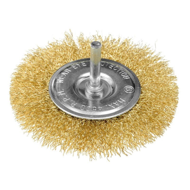 GRAPHITE Wire wheel brush 100 mm, crimped wire, brass-plated, with 6 mm shank — 57T404