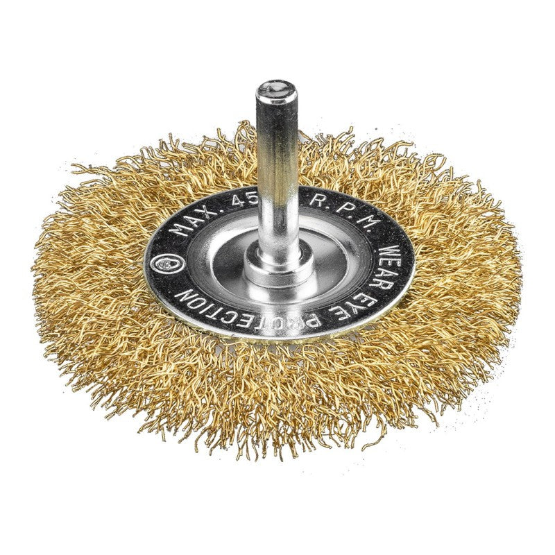 GRAPHITE Wire wheel brush 80 mm, crimped wire, brass-plated, with 6 mm shank — 57T405