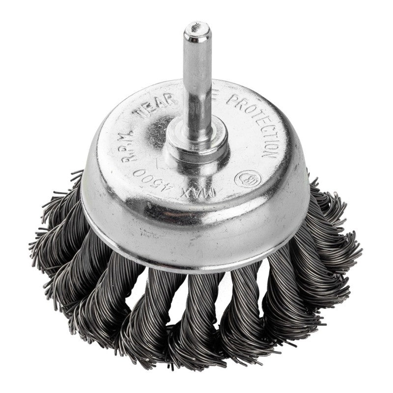 GRAPHITE Cup wire brush 75 mm, twisted steel wire, with 6 mm shank — 57T414