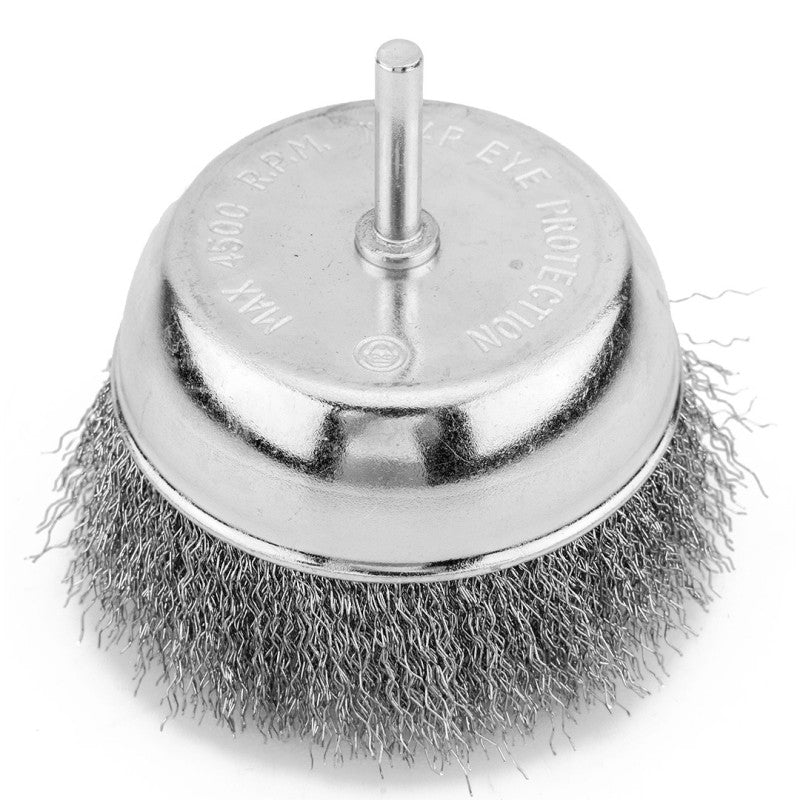 GRAPHITE Cup wire brush 100 mm, crimped steel wire, with 6 mm shank — 57T415