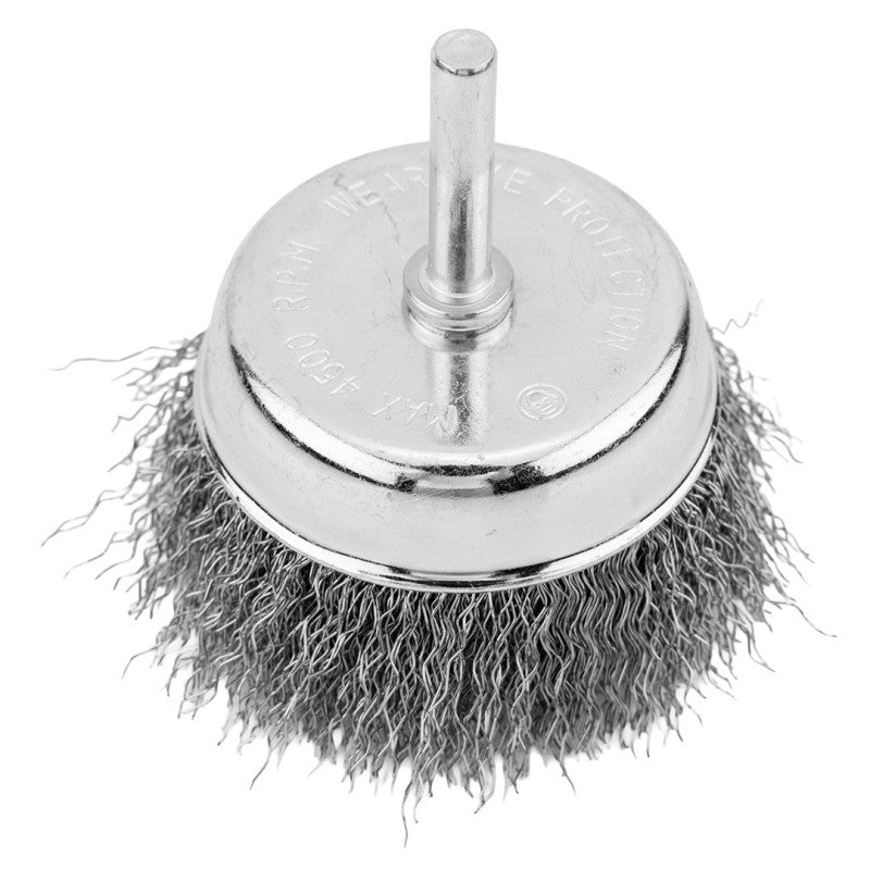 GRAPHITE Cup wire brush 70 mm, crimped steel wire, with 6 mm shank — 57T416