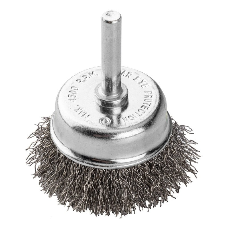 GRAPHITE Cup wire brush 50 mm, crimped steel wire, with 6 mm shank — 57T417