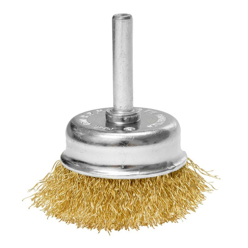 GRAPHITE Cup wire brush 50 mm, crimped wire, brass-plated, with 6 mm shank — 57T429