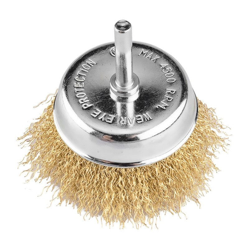 GRAPHITE Cup wire brush 75 mm, crimped wire, brass-plated, with 6 mm shank — 57T430