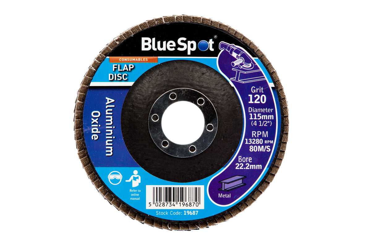 Blue Spot Tools 115mm (4.5") 120 Grit Aluminium Oxide Flap Disc (Header Card)