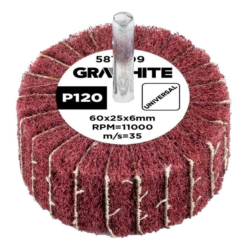 GRAPHITE Flap wheel with abrasive fleece, mounted 60 x 25 x 6 mm, P120 — 58T409