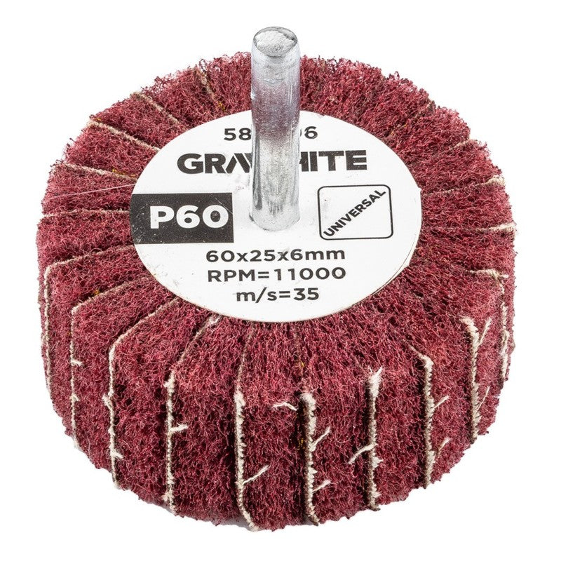 GRAPHITE Flap wheel with abrasive fleece, mounted 60 x 25 x 6 mm, P60 — 58T406