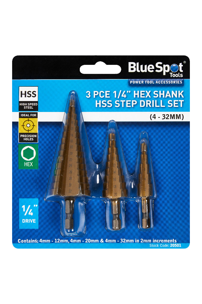 Blue Spot Tools 3 PCE Hex Shank HSS Step Drill Set (1/4" Hex Shank) (4 - 32mm)