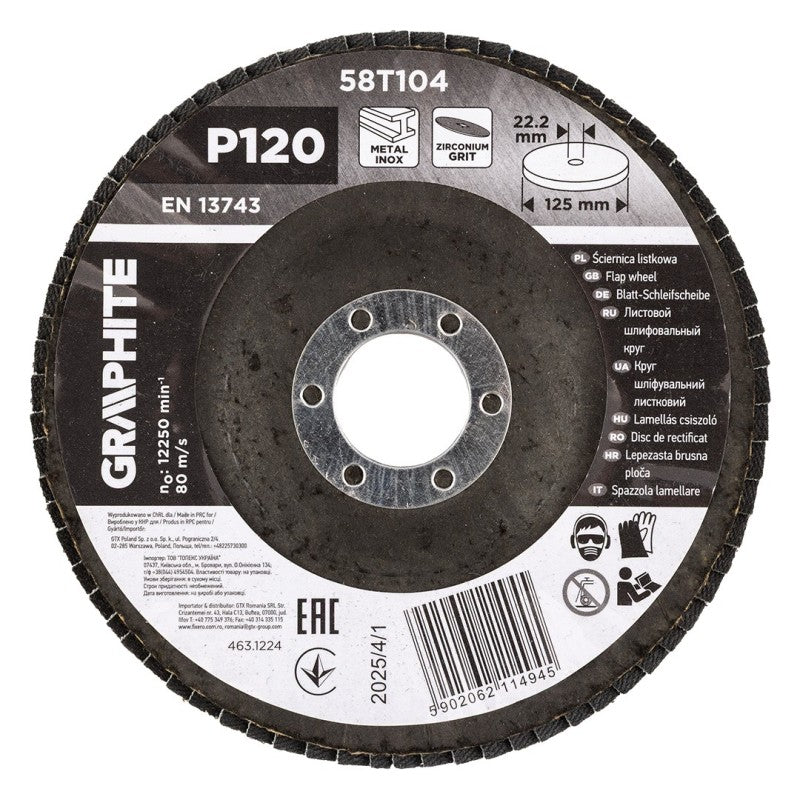 GRAPHITE Zirconia flap wheel 125 x 22.2 mm, P120 — 58T104