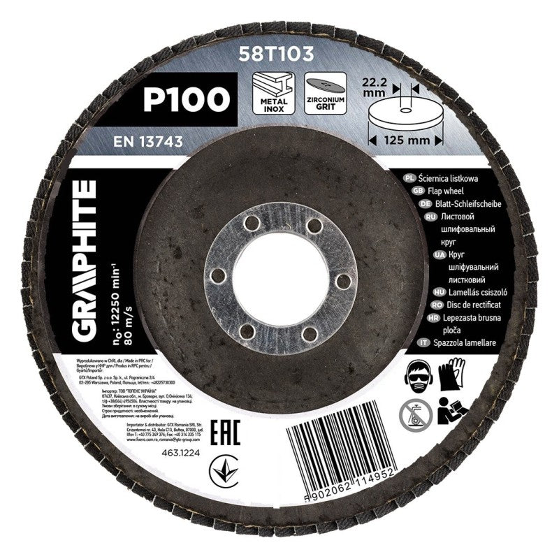 GRAPHITE Zirconia flap wheel 125 x 22.2 mm, P100 — 58T103