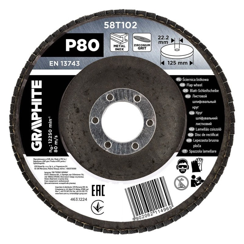 GRAPHITE Zirconia flap wheel 125 x 22.2 mm, P80 — 58T102