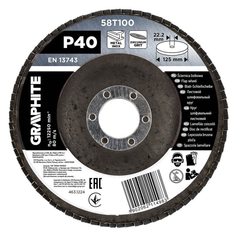 GRAPHITE Zirconia flap wheel 125 x 22.2 mm, P40 — 58T100