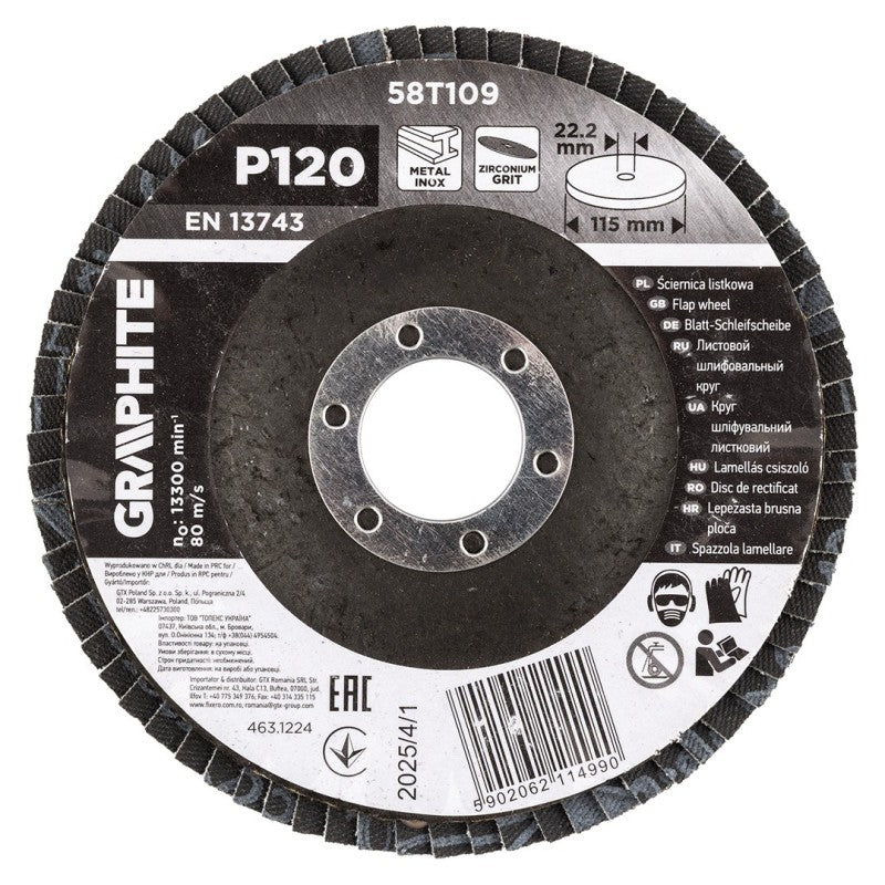 GRAPHITE Zirconia flap wheel 115 x 22.2 mm, P120 — 58T109