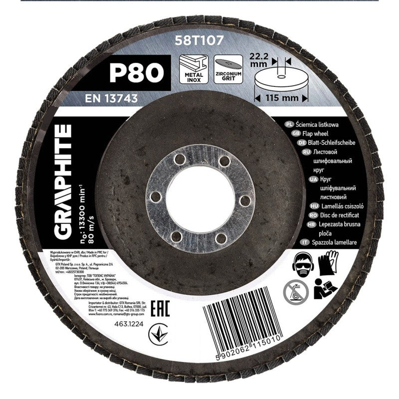 GRAPHITE Zirconia flap wheel 115 x 22.2 mm, P80 — 58T107