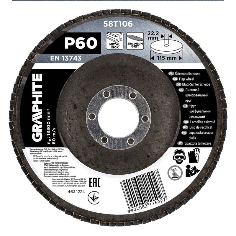 GRAPHITE Zirconia flap wheel 115 x 22.2 mm, P60 — 58T106