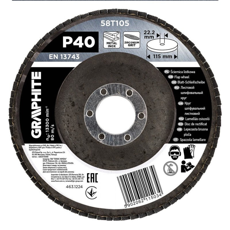 GRAPHITE Zirconia flap wheel 115 x 22.2 mm, P40 — 58T105