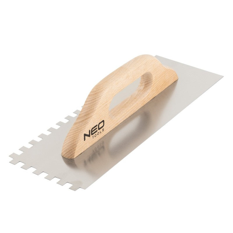 NEO TOOLS Notched trowel, 480 x 128 mm, 8 x 8 x 8 mm, wooden handle — 50-182