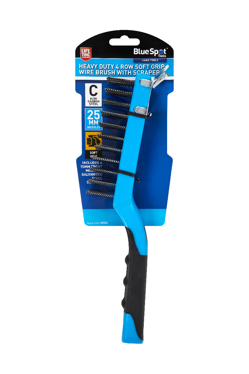 Blue Spot Tools Heavy Duty 4 Row Soft Grip Wire Brush With Scraper