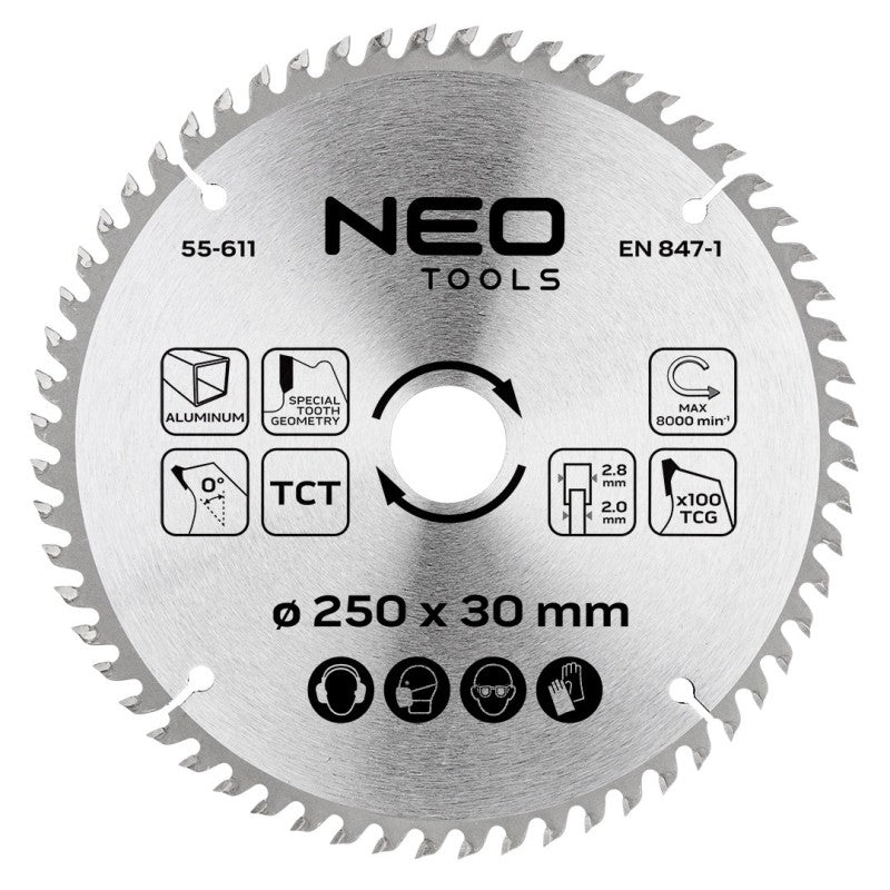 NEO TOOLS Saw blade, widia, 250 x 30 mm, 100 teeth, for aluminium — 55-611