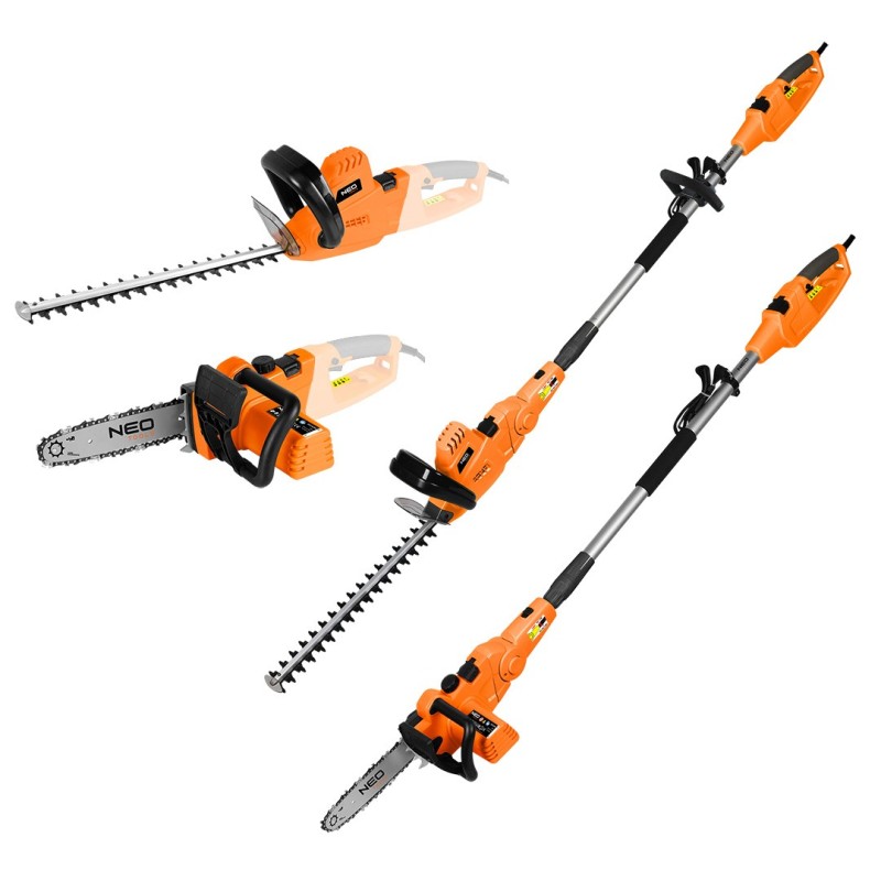 NEO TOOLS 2-in-1 garden tool with extension arm: chainsaw 750W 250mm+ hedge trimmer 550W 460mm — 04-634