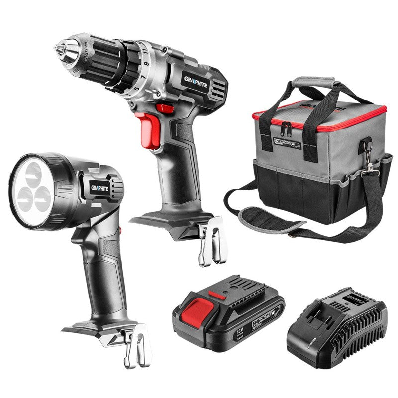 GRAPHITE Energy kit +: 18V drill/driver, torch, carrying case, 2.0Ah battery pack, charger — 58G016