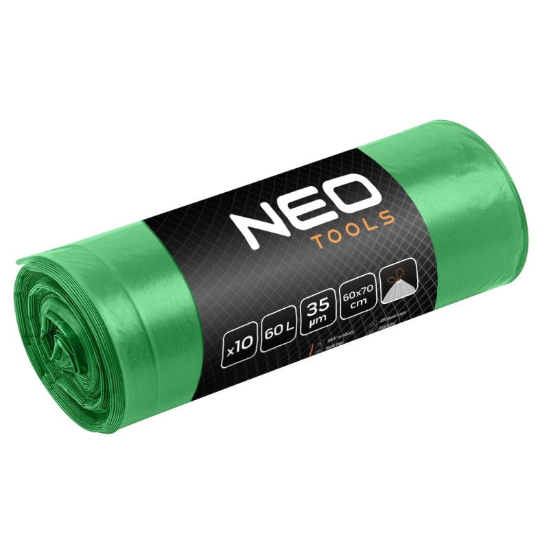NEO TOOLS Waste sacks 60 L, green with tape, 35 mic, 10 pcs. — 15-990