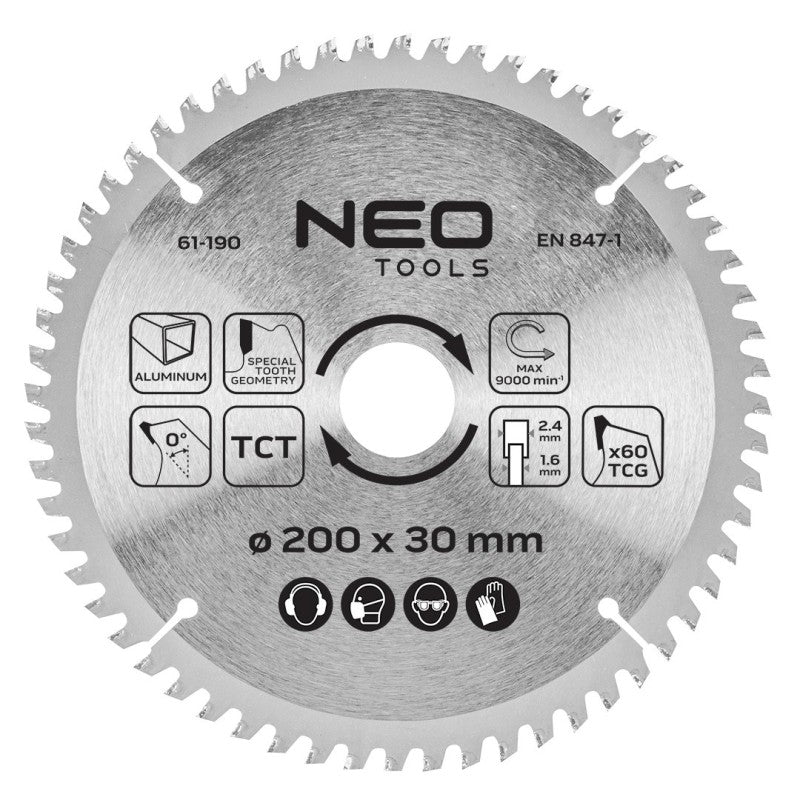 NEO TOOLS Saw blade, widia, 200 x 30 mm, 60 teeth, for aluminium — 61-190
