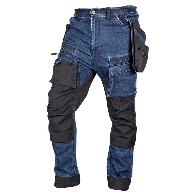 NEO TOOLS Work trousers DENIM, Cordura reinforcements, detachable holster pockets, navy blue, size L — 81-361-1-L