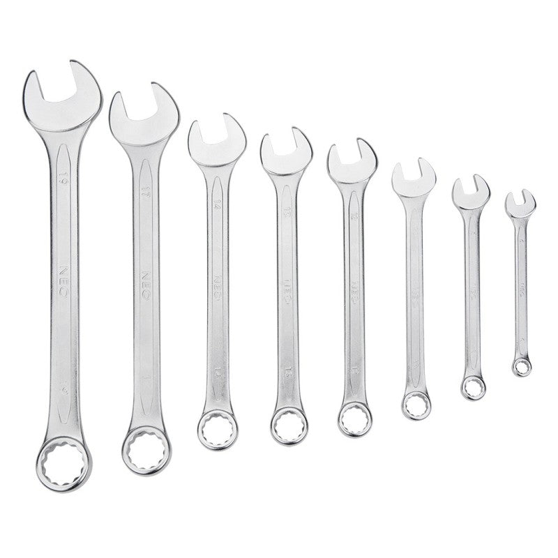 NEO TOOLS Combination wrenches 6- 9 mm, set 8 pcs, sizes: 6, 8, 10, 12, 13, 14, 17, 19 mm — 09-751