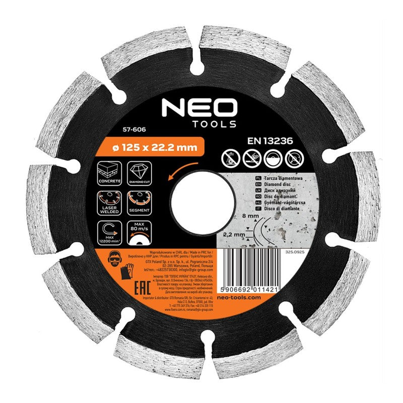 NEO TOOLS Diamond blade 125 x 22.2 mm, segmented, laser-welded — 57-606