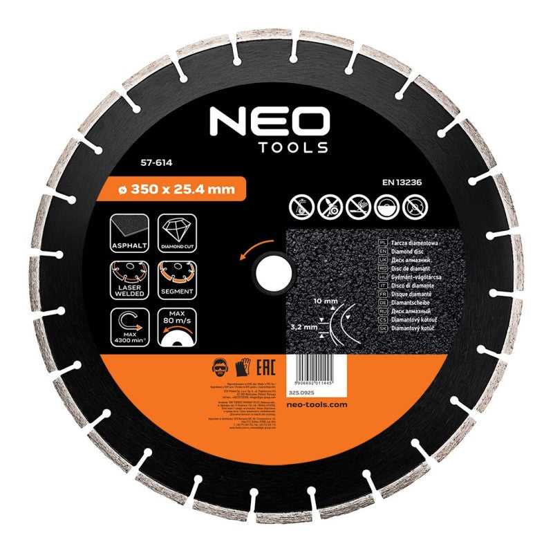 NEO TOOLS Diamond blade 350 x 25.4 mm, segmented, laser-welded — 57-614