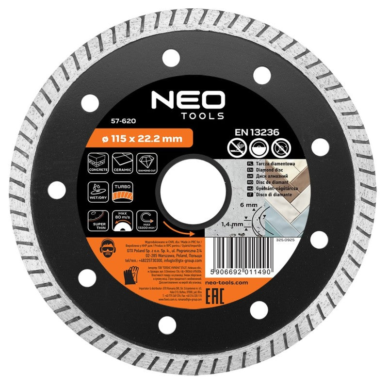 NEO TOOLS Diamond blade 115 x 22.2 mm, turbo super thin — 57-620