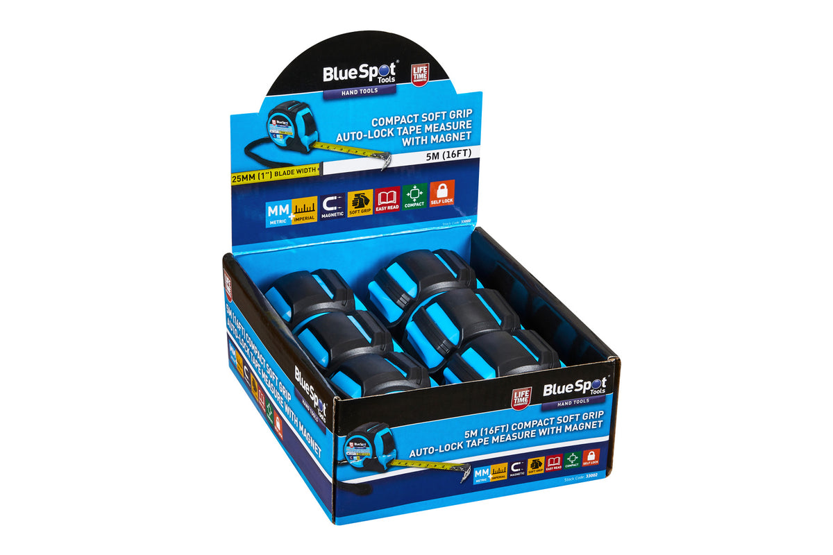 Blue Spot Tools 5M (16FT) Compact Soft Grip Self-Lock Tape Measure With Magnet