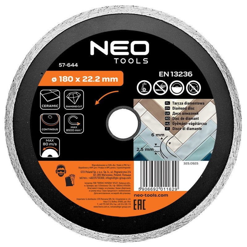 NEO TOOLS Diamond blade 180 x 22.2 mm, solid — 57-644