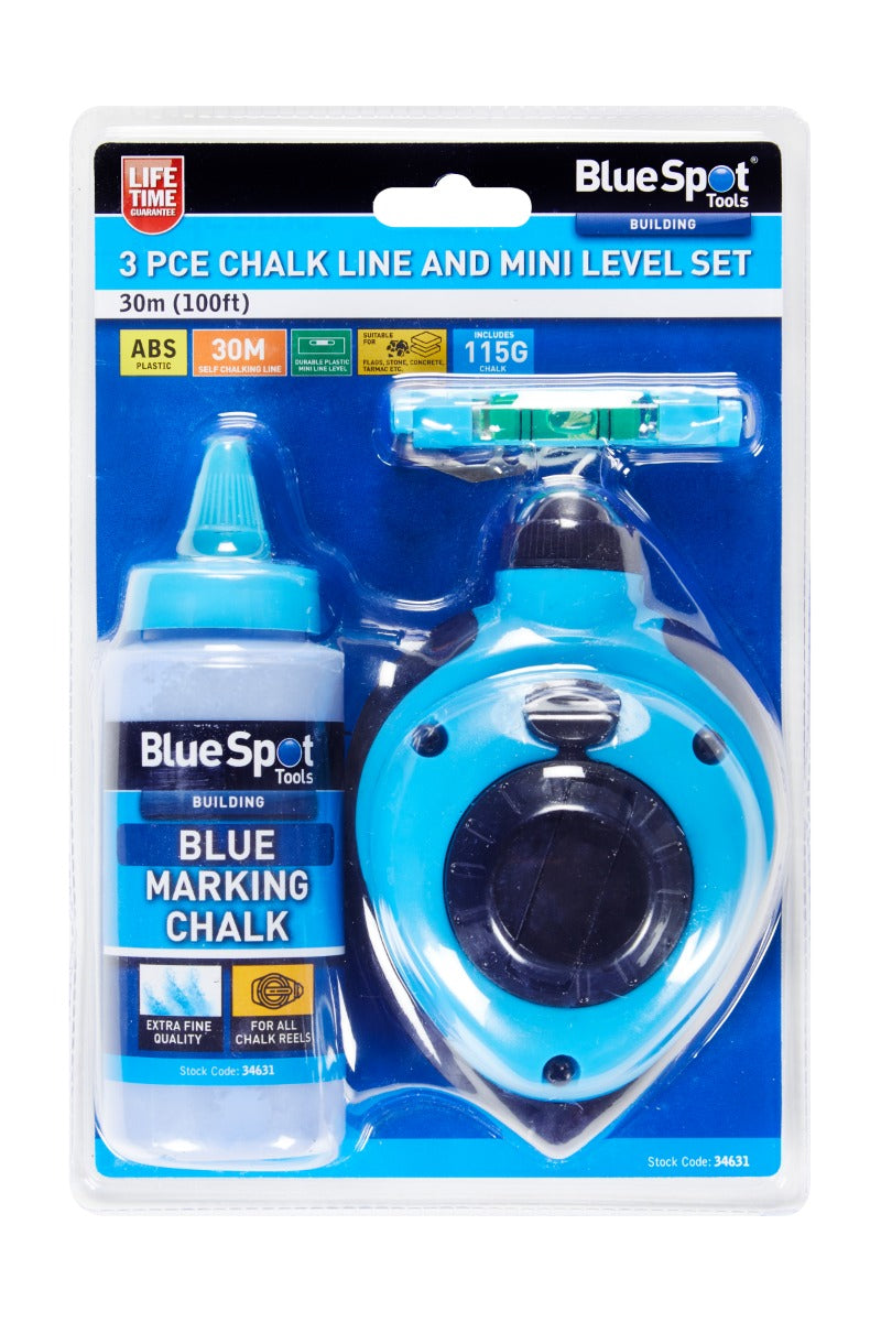 Blue Spot Tools 30Mtr (100ft) 3Pce Chalk Line And Mini Level Set