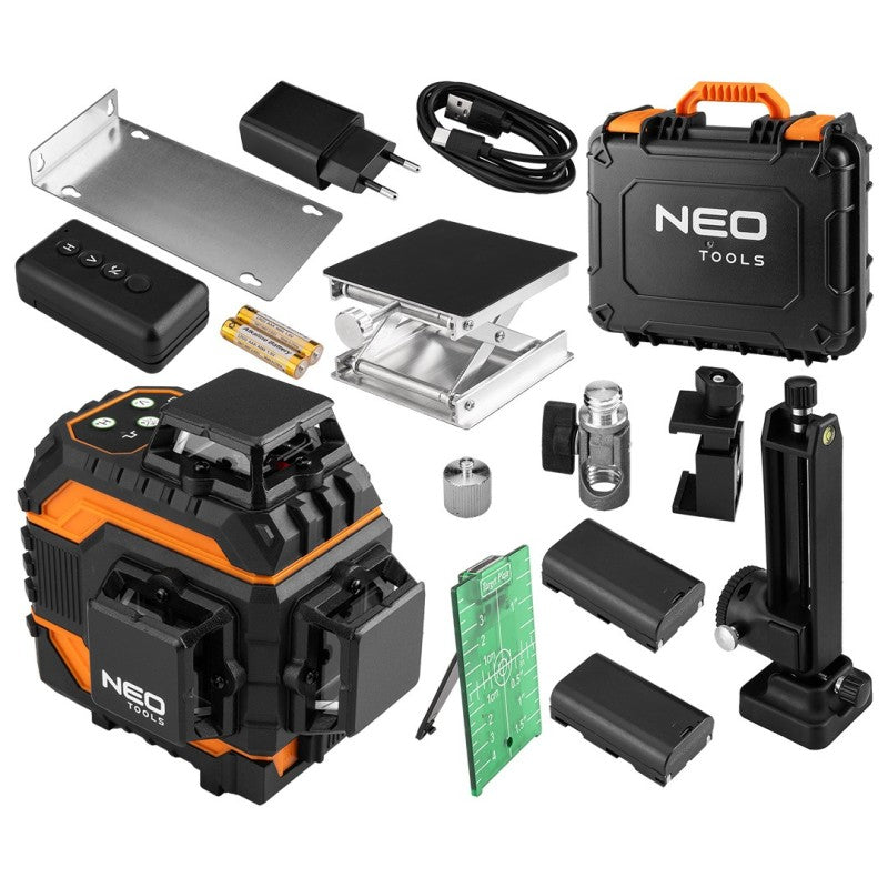 NEO TOOLS 3D laser, 12 lines, green, carrying case, target plate, magnetic holder, charger — 75-140