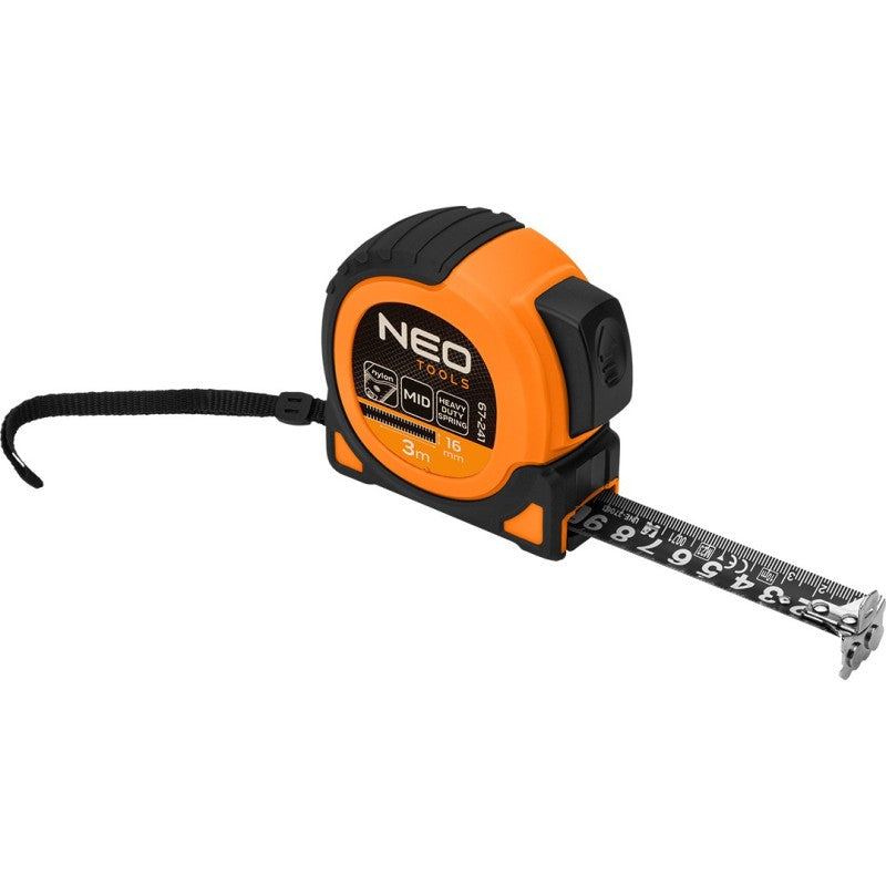 NEO TOOLS Super Black retractable steel tape measure 3 m x 16 mm, auto locking, two stop buttons, magnet — 67-241
