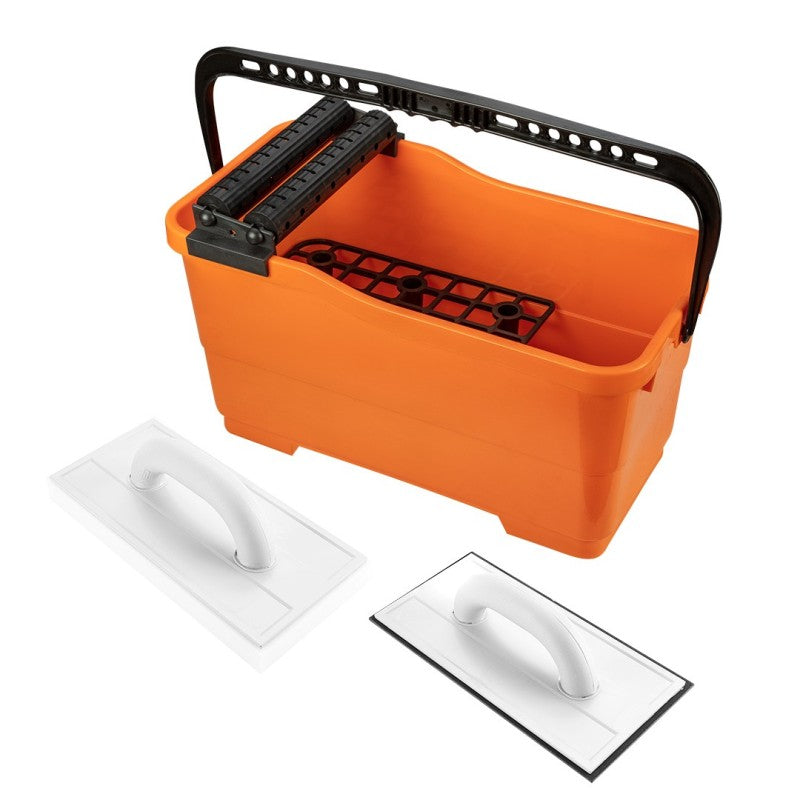 NEO TOOLS Tile set: bucket with grate and rollers 25 l + float with rubber + float with soft sponge — 50-253