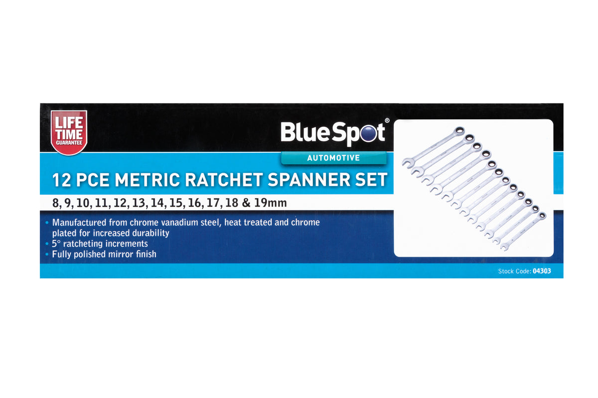 Blue Spot Tools 12 PCE Metric Ratchet Spanner Set (8-19mm)
