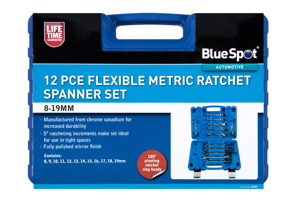 Blue Spot Tools 12 PCE Flexible Metric Ratchet Spanner Set (8-19mm) (With Case)